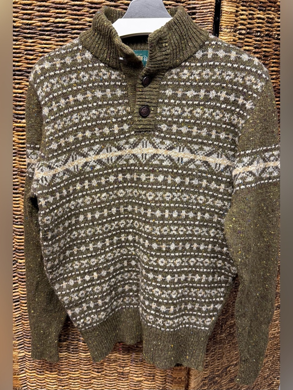 Alan Paine- Men's‎ Olive Fair Isle Button-Neck Sweater-EUR50, UK42”
